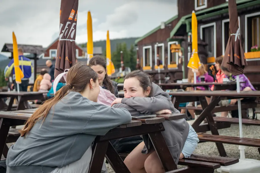 People gathering at picnic tables in a green outdoor space