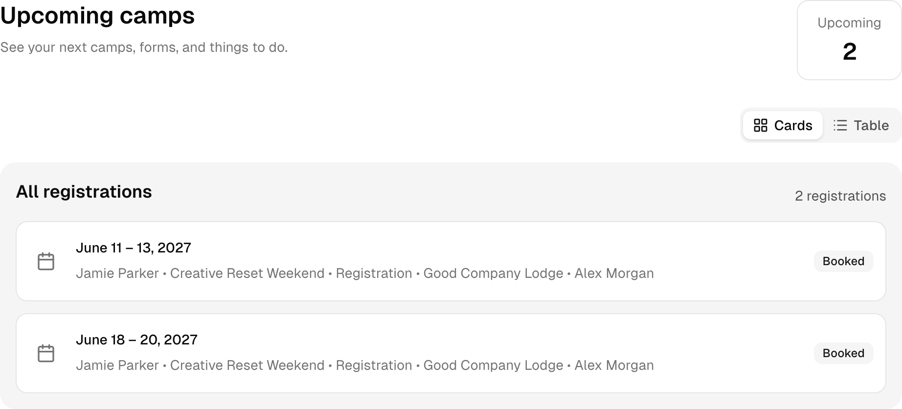 Upcoming registrations in the sample account. Shown in Good Company Weekends.
