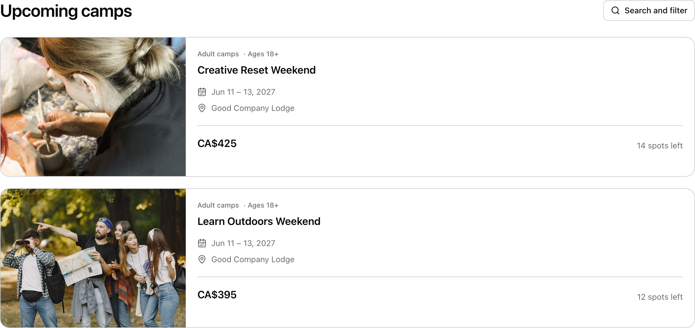 The public booking page. Each camp has its own photo, dates and price. Shown in Good Company Weekends.