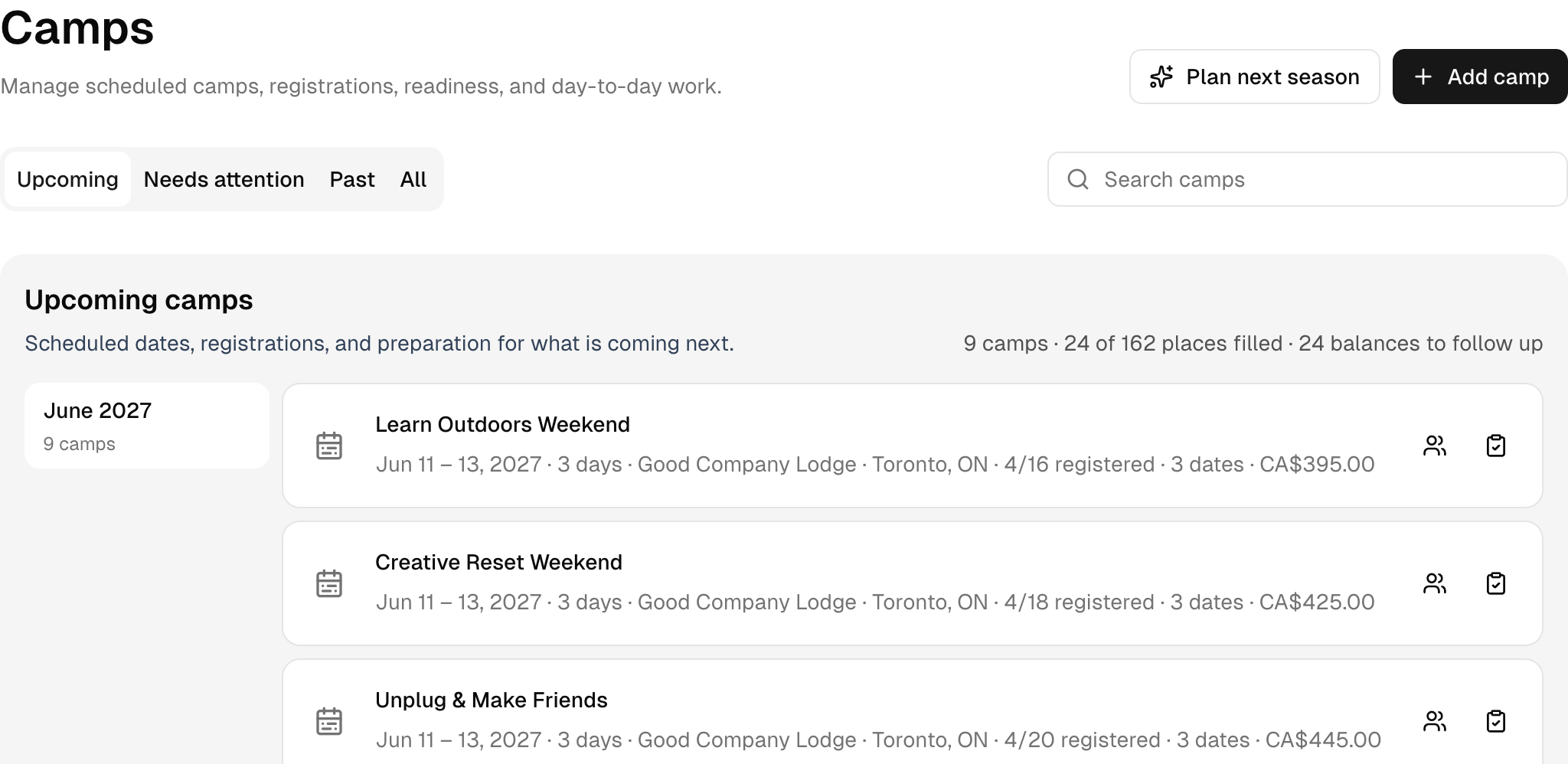 Upcoming camp weeks, with registrations and places shown for each one. Shown in Good Company Weekends.