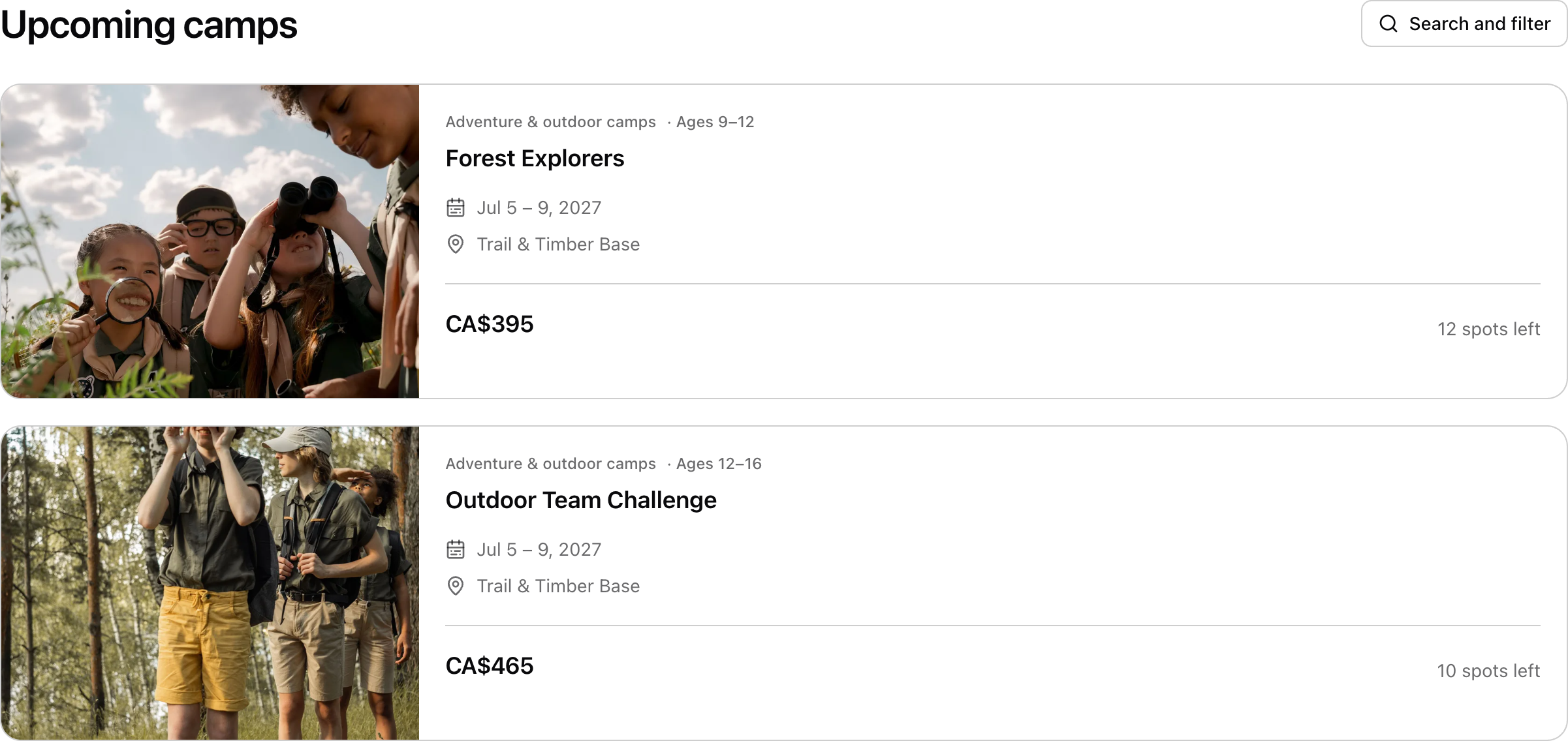 The public booking page. Each camp has its own photo, dates and price. Shown in Trail & Timber Camp.