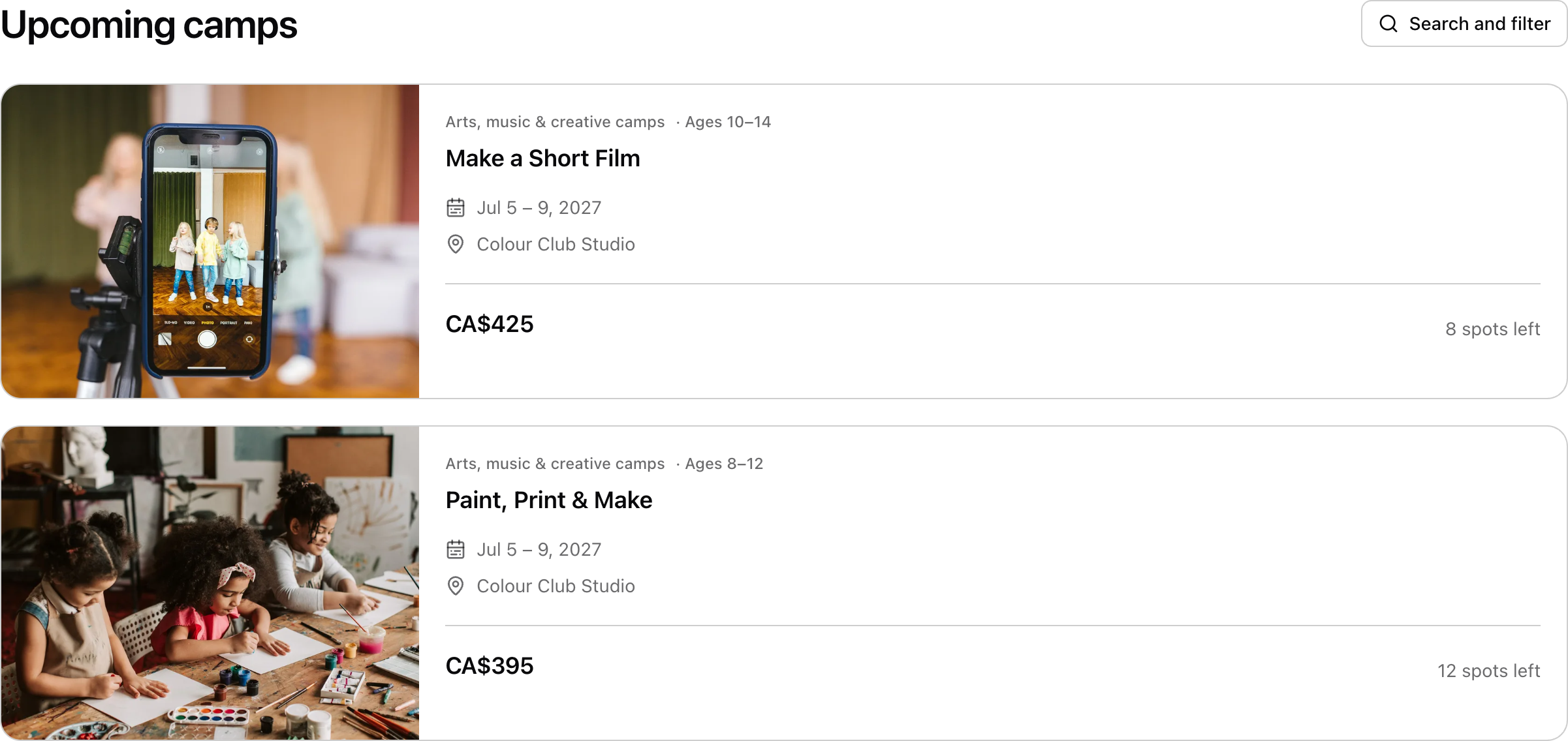 The public booking page. Each camp has its own photo, dates and price. Shown in Colour Club Camp.