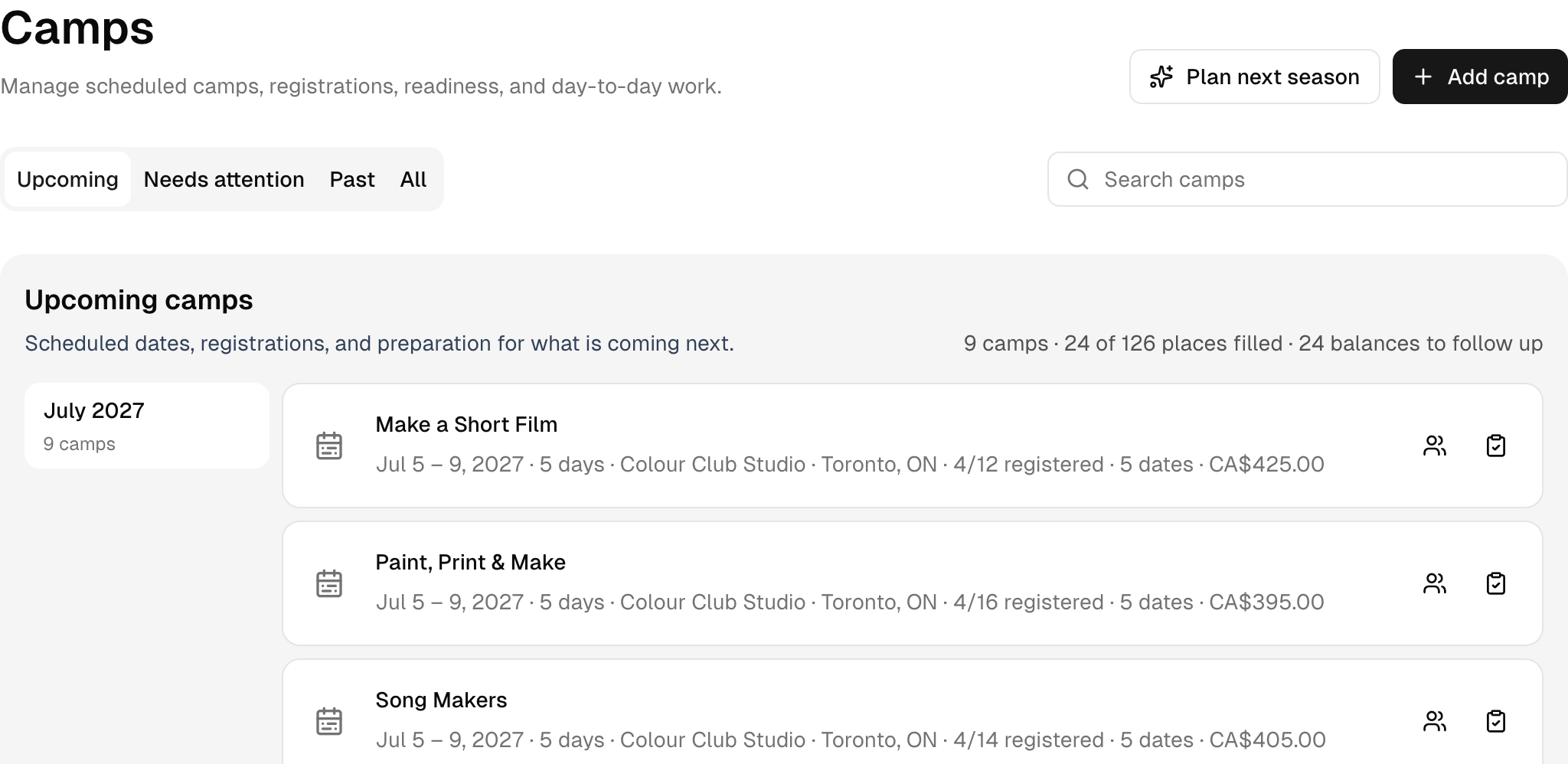 Upcoming camp weeks, with registrations and places shown for each one. Shown in Colour Club Camp.