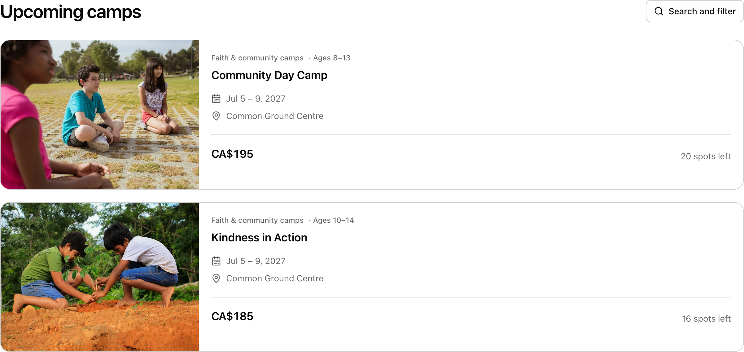 The public booking page. Each camp has its own photo, dates and price. Shown in Common Ground Camp.