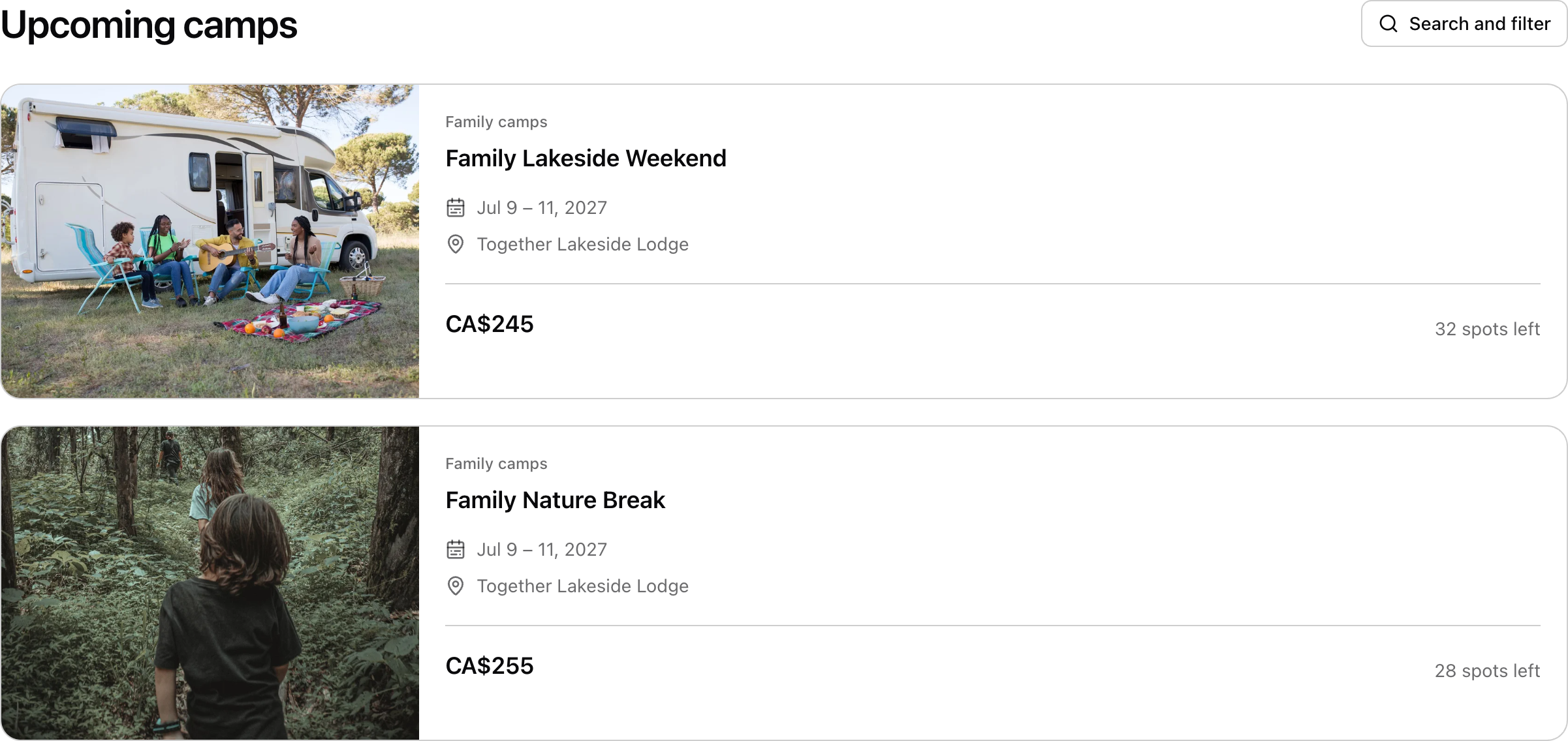 The public booking page. Each camp has its own photo, dates and price. Shown in Together by the Lake.