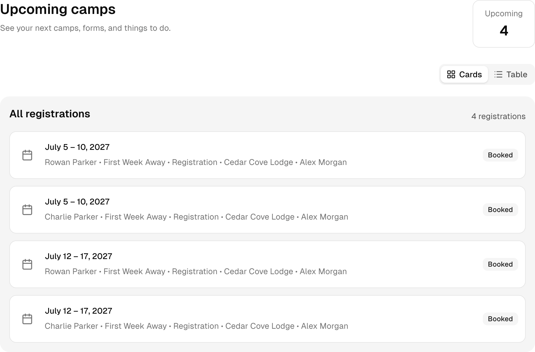 Upcoming registrations in the sample account. Shown in Cedar Cove Camp.