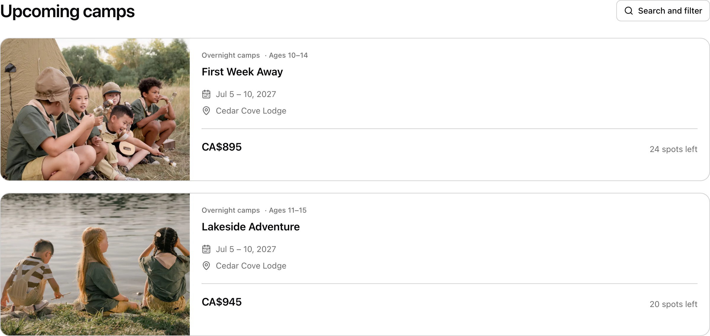 The public booking page. Each camp has its own photo, dates and price. Shown in Cedar Cove Camp.