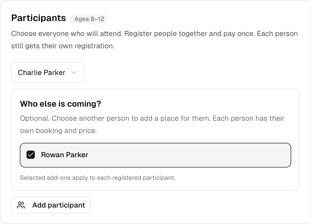 The shared Bookify registration flow, shown with a child selected in the sports demo. Adult and family camps use their own age rules.