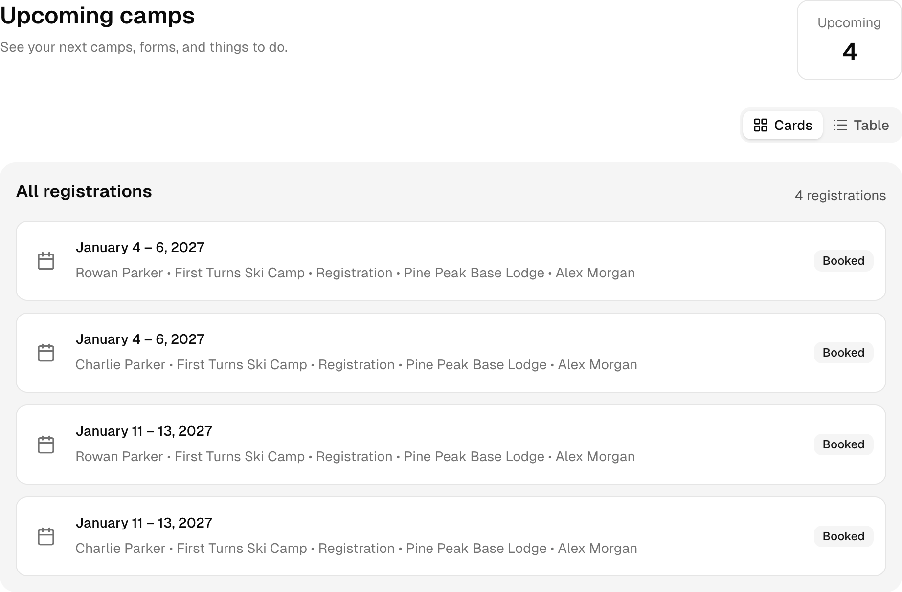 Upcoming registrations in the sample account. Shown in Pine Peak Snow School.