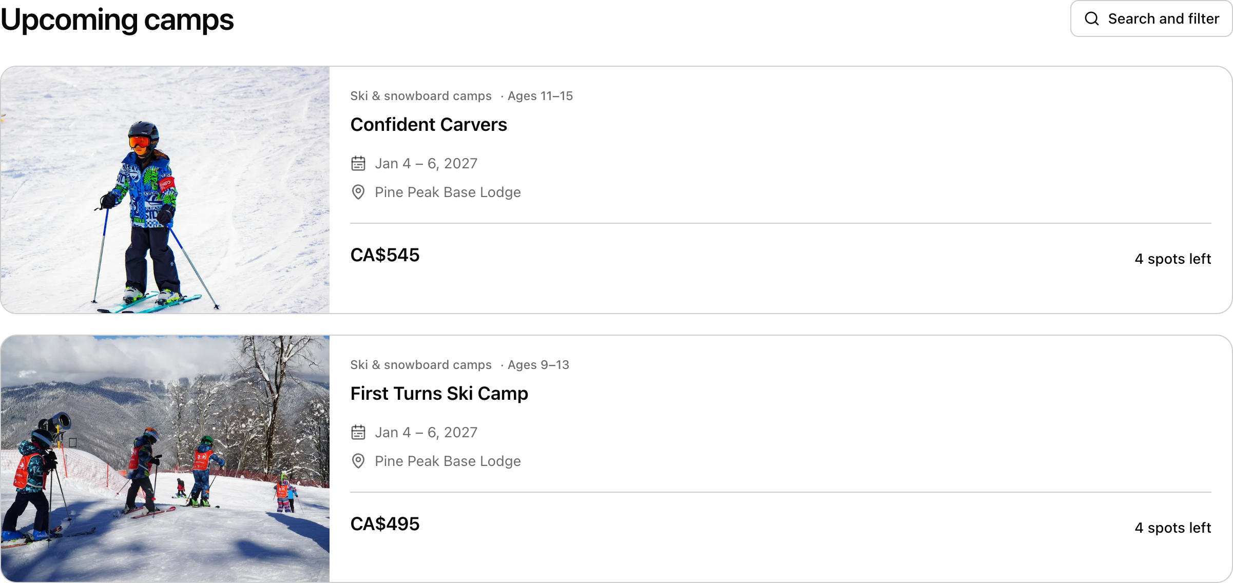 The public booking page. Each camp has its own photo, dates and price. Shown in Pine Peak Snow School.