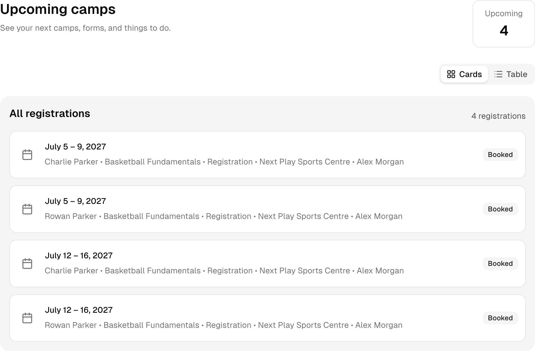 A real family account in the Next Play Sports Camp demo. All names and bookings are made up.