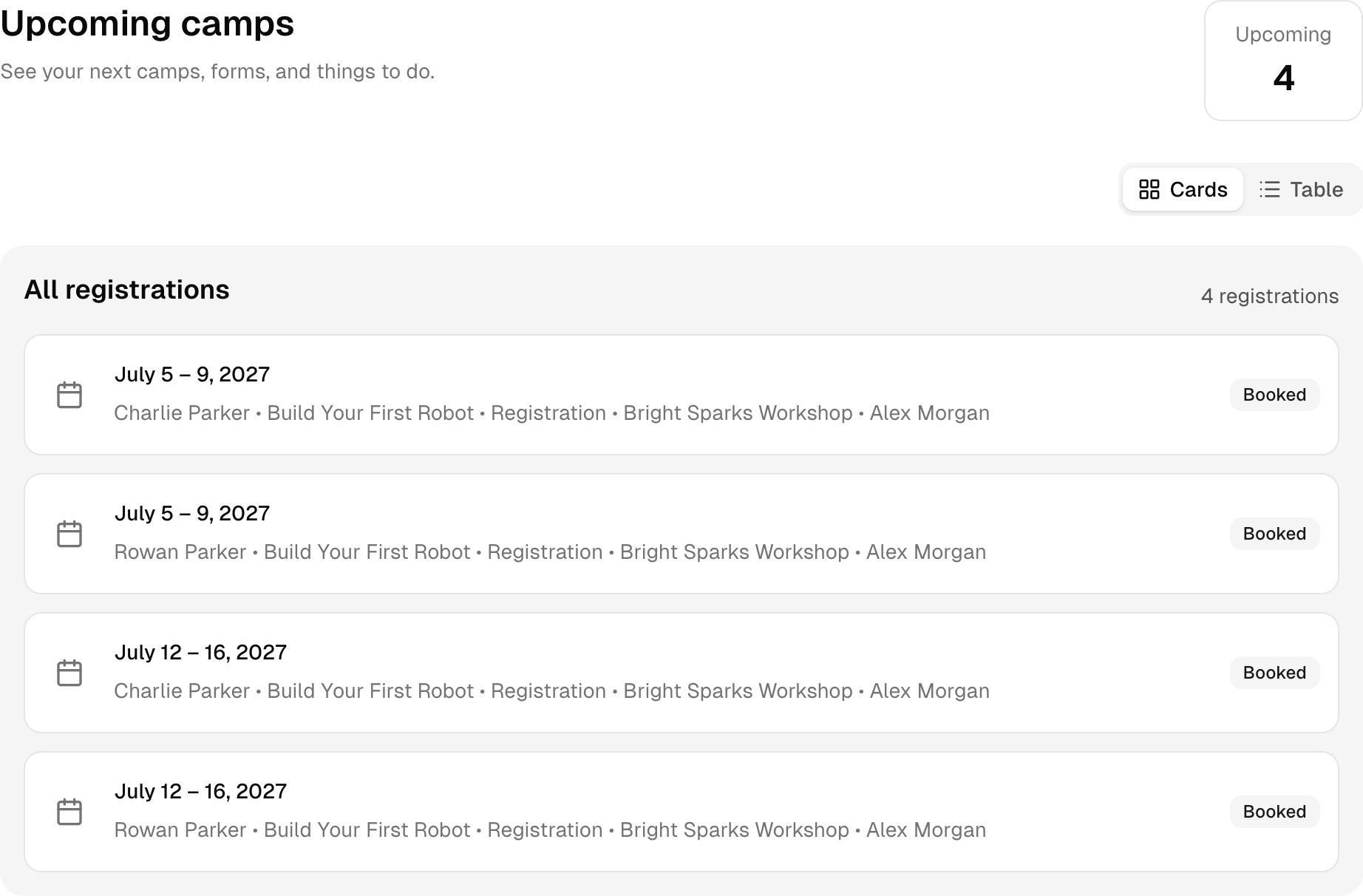 Upcoming registrations in the sample account. Shown in Bright Sparks Lab.