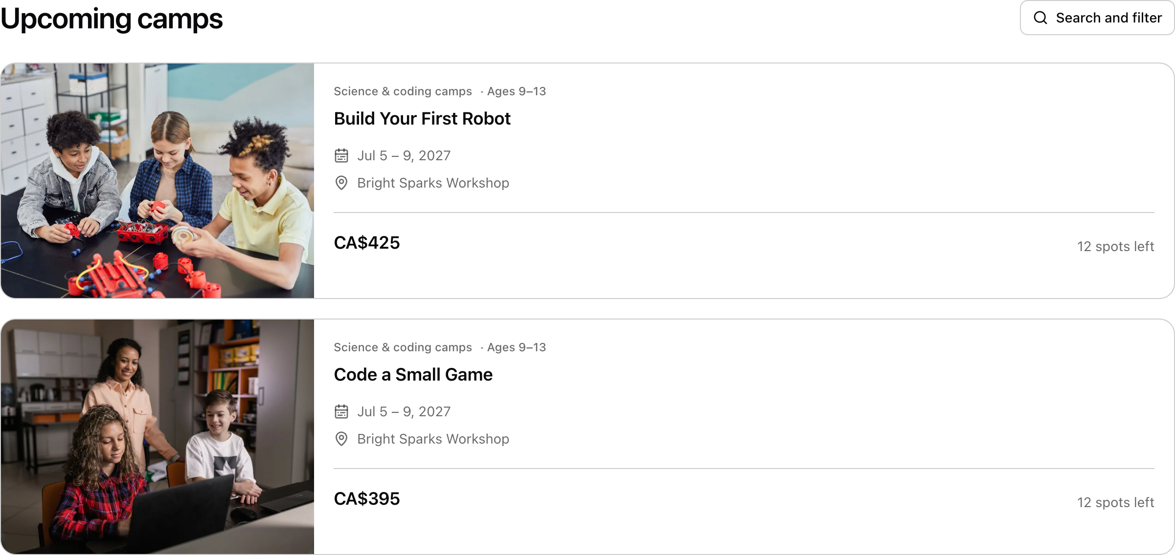 The public booking page. Each camp has its own photo, dates and price. Shown in Bright Sparks Lab.