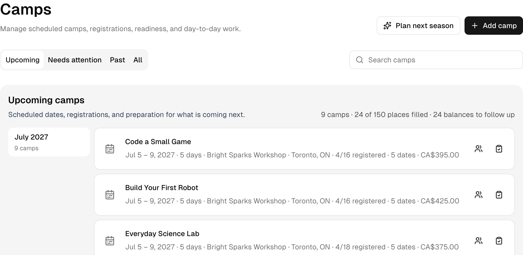 Upcoming camp weeks, with registrations and places shown for each one. Shown in Bright Sparks Lab.