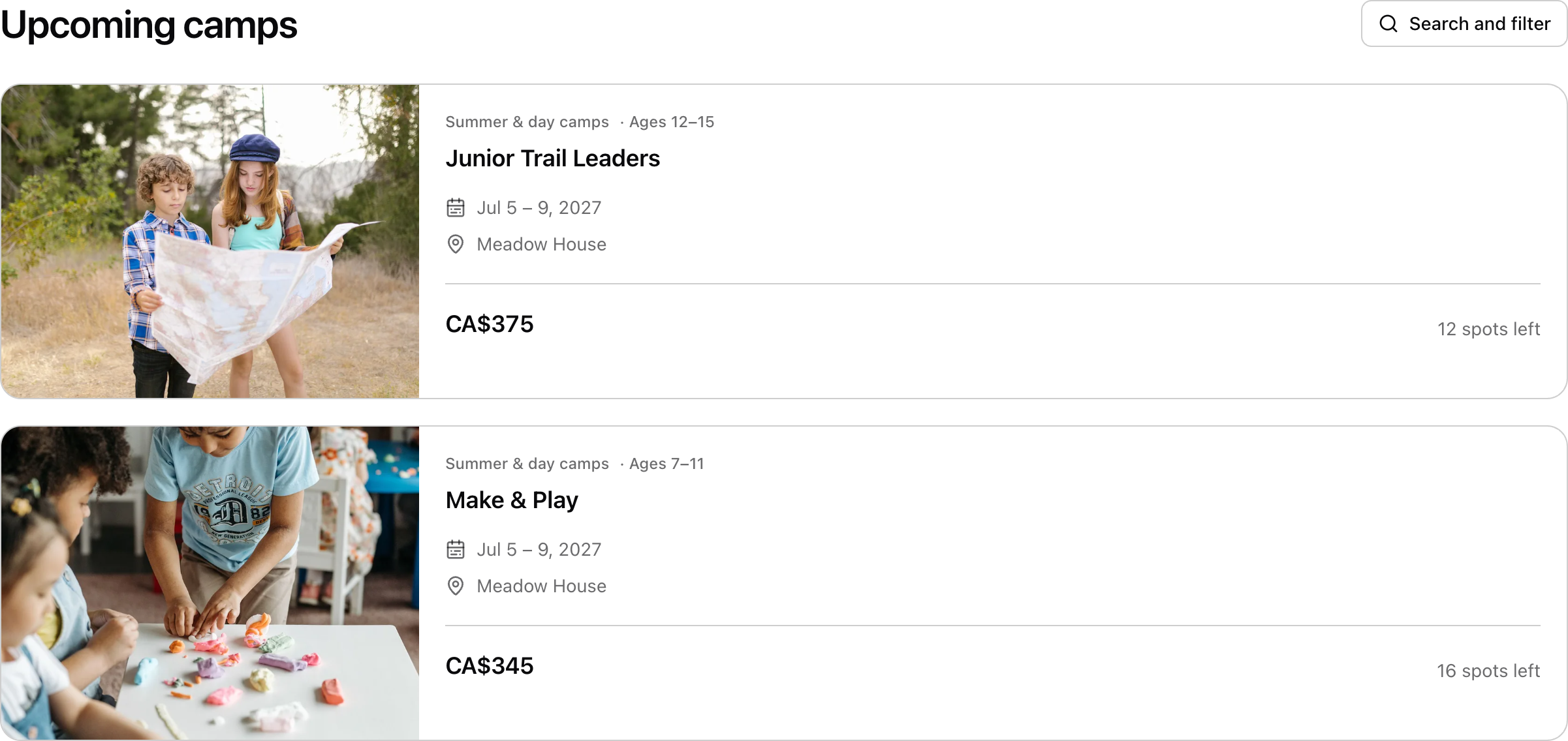 The public booking page. Each camp has its own photo, dates and price. Shown in Maple Meadow Day Camp.
