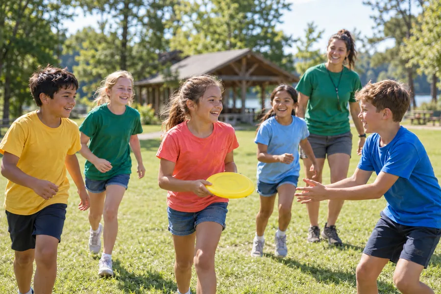 Smiling children playing frisbee on a sunny camp lawn.