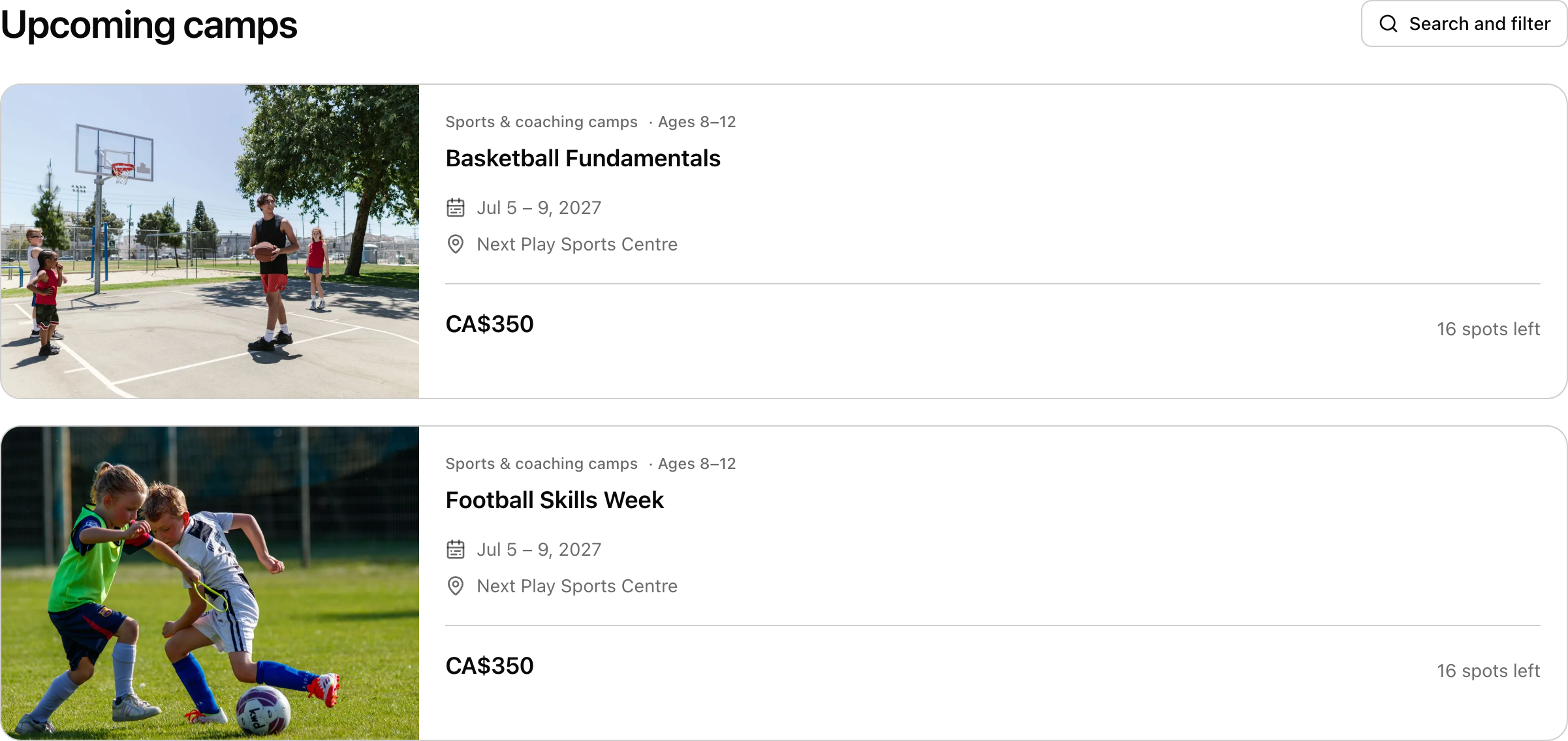 The public booking page. Each camp has its own photo, dates and price. Shown in Next Play Sports Camp demo.