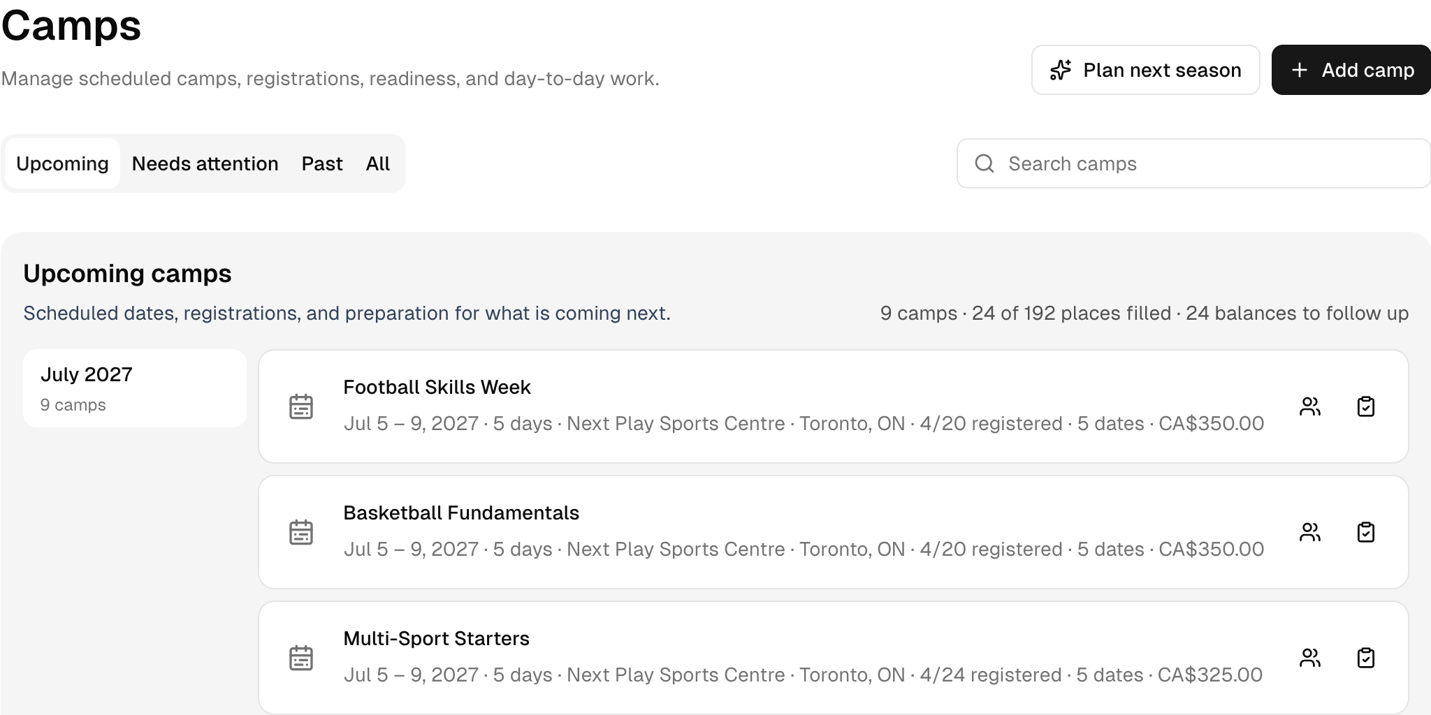 Upcoming camp weeks, with registrations and places shown for each one. Shown in Next Play Sports Camp demo.