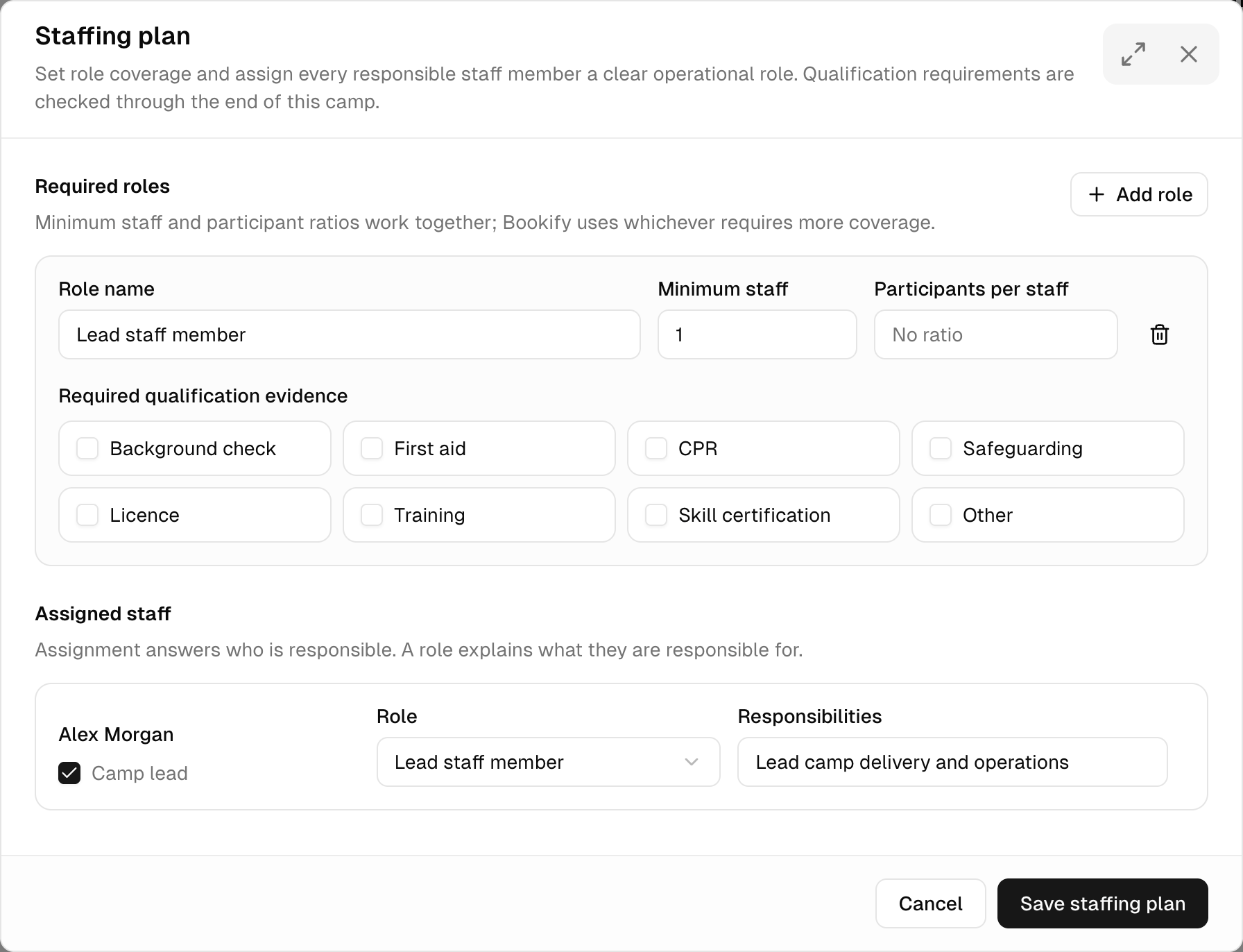 The staffing plan editor, with a sample lead role ready to review and save. Shown in Next Play Sports Camp demo.